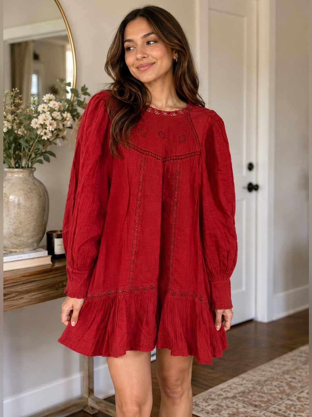 Zara Red cotton Dress with Lace Trim